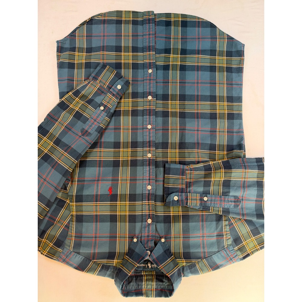 Polo Ralph Lauren Mens Classic Fit Plaid Button Down Shirt Blue Green Medium